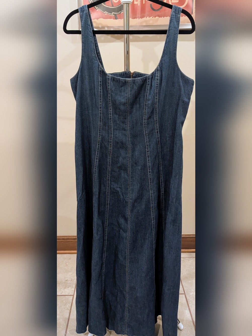 $130 Reformation Size 12 Amory Denim Midi Dress in Caspian Dark Wash EUC